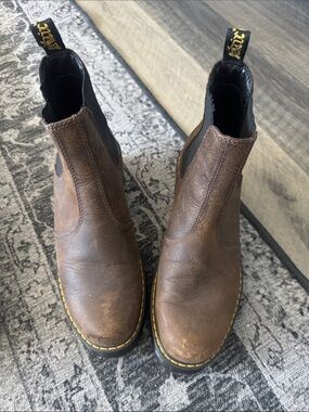 Dr. Martens Brown Leather Chelsea Ankle Boots with Yellow Stitching